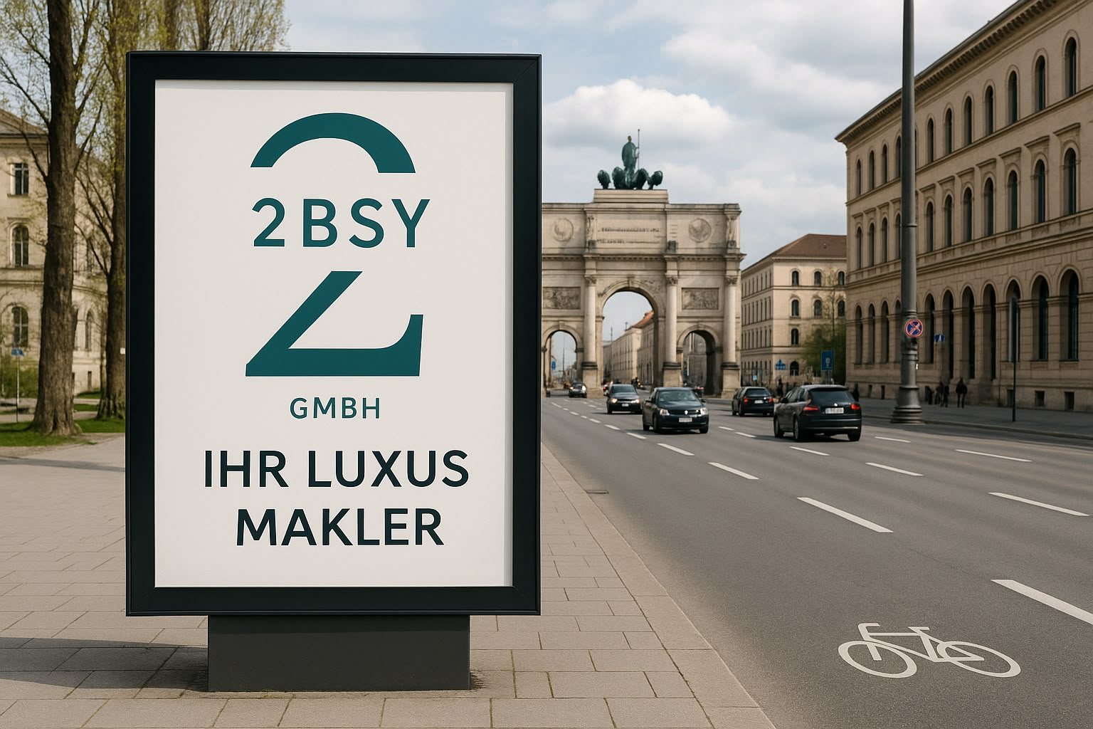 Werbetafel der 2BSY GmbH mit der Aussage Ihr Luxusmakler am Odeonsplatz in München